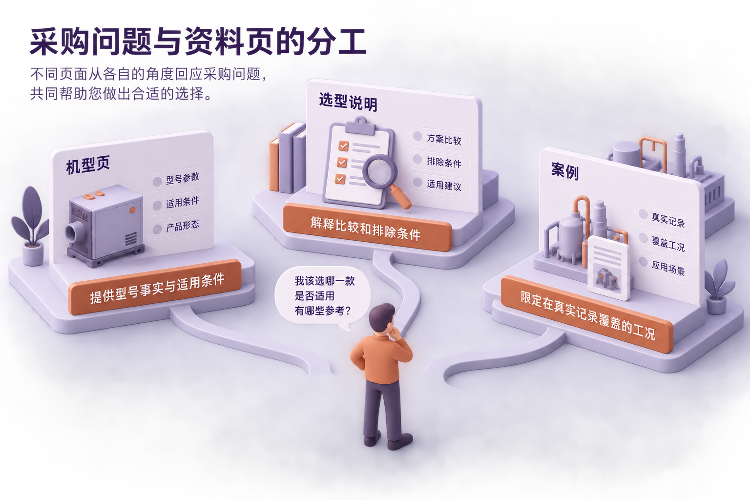 采购问题对应选型说明、机型页和有记录支撑的案例，分别核对选择条件、配置和应用范围。