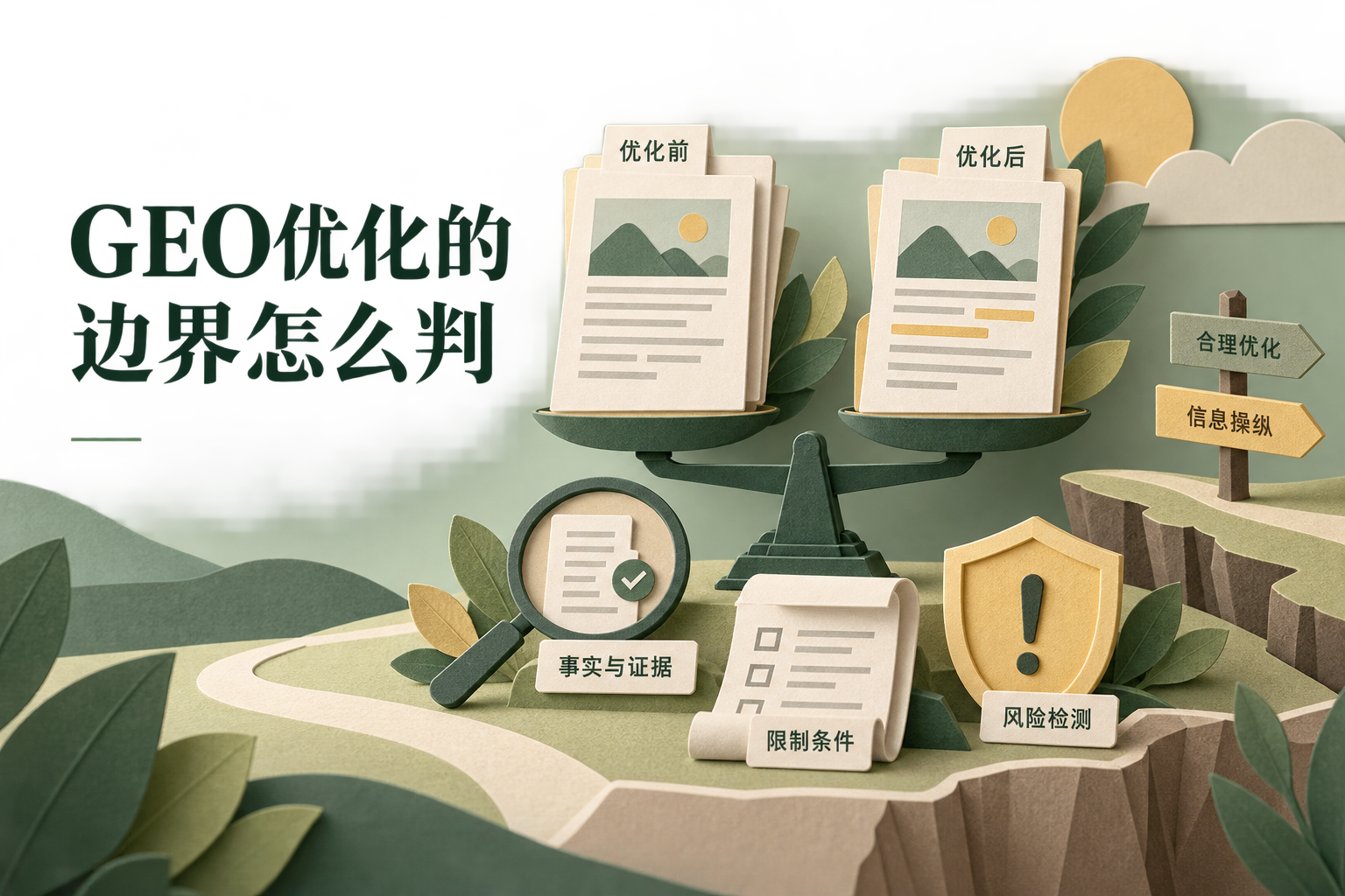 封面以优化前后内容版本、事实证据、限制条件和风险检测为核心元素，展示如何区分正常内容改进与信息操纵。