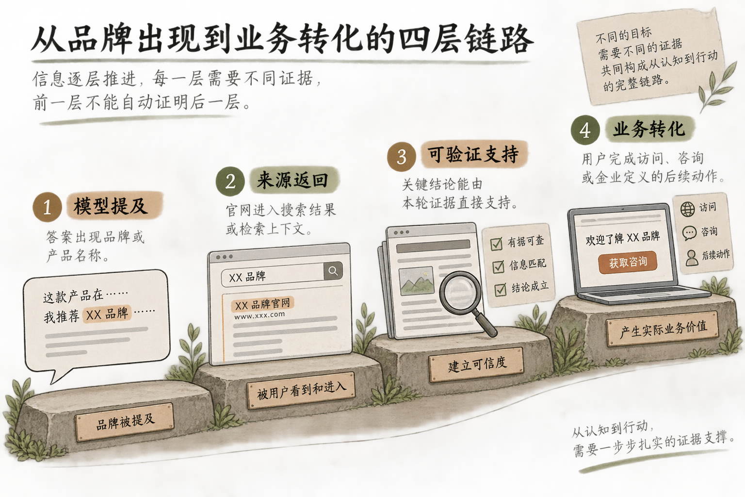 信息从模型提及、来源返回、可验证支持到业务转化逐层推进，每一层需要不同证据，前一层不能自动证明后一层。