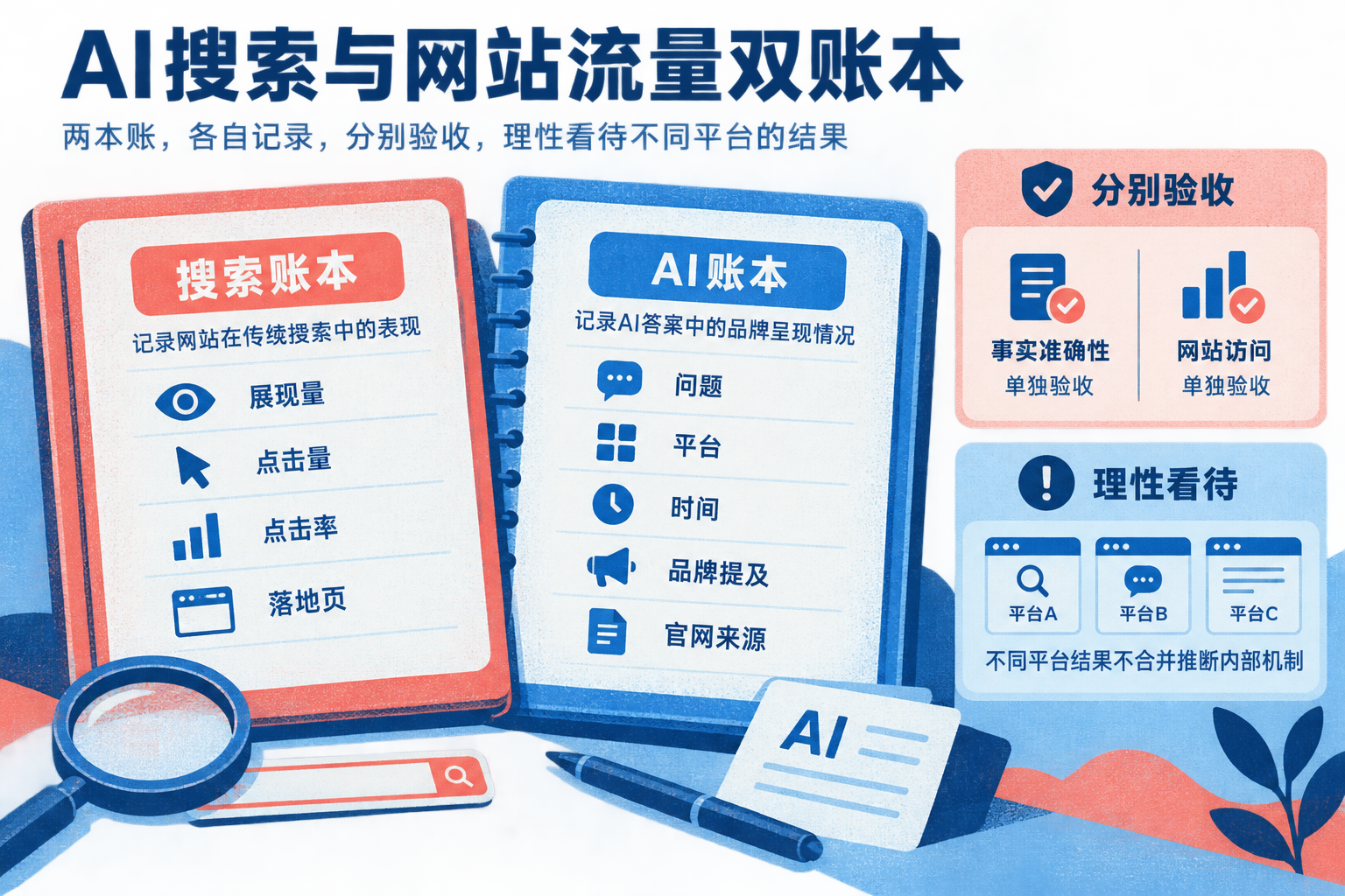 双账本示意图，一侧记录传统搜索展现与点击，另一侧记录AI答案中的品牌提及、来源和事实准确性。