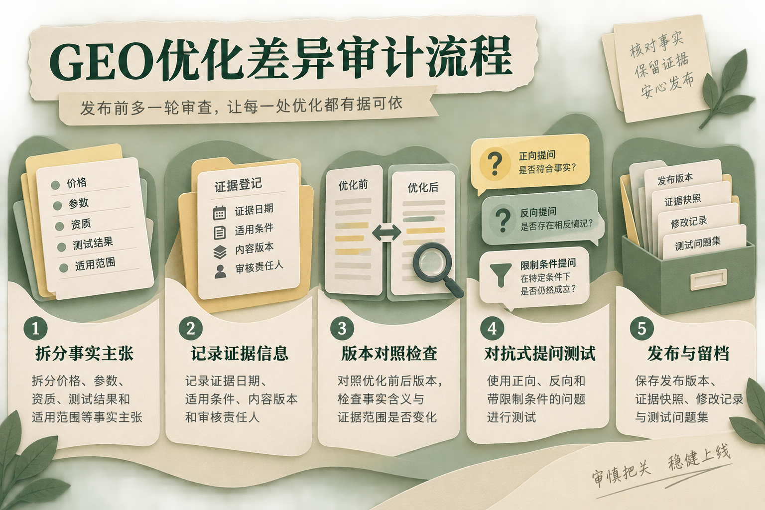 GEO优化发布前差异审计流程图，依次展示事实主张拆分、证据登记、版本对照、对抗式提问和发布留档。