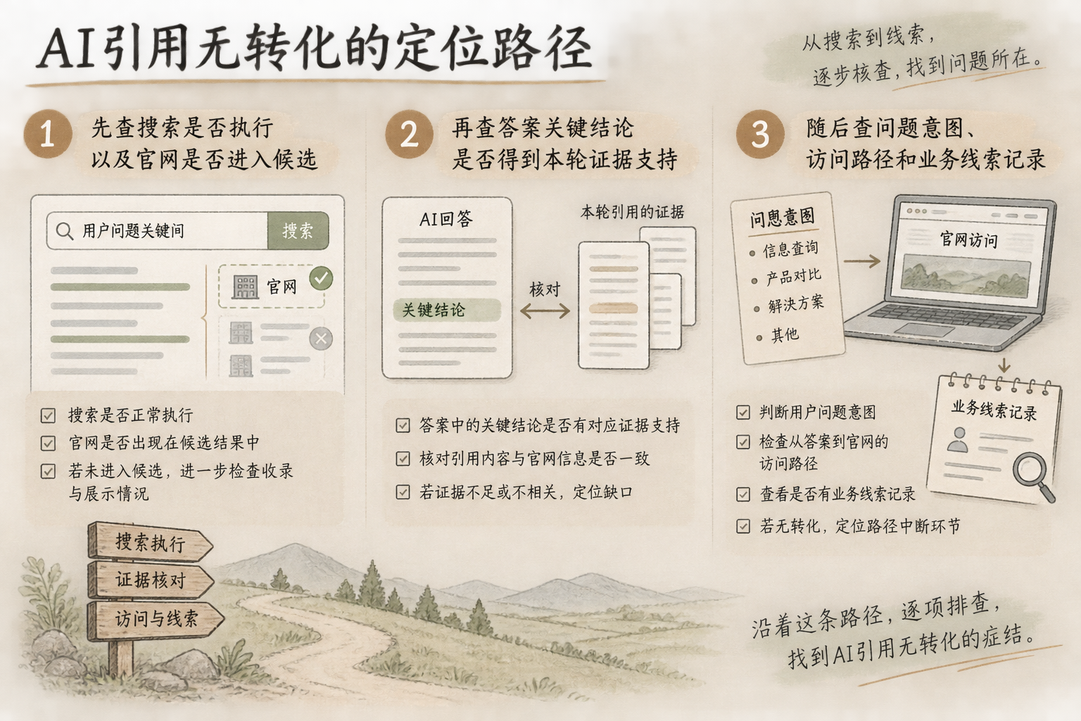 故障定位从搜索执行和候选召回开始，经过答案与证据匹配核对，随后进入网站访问及业务线索检查。