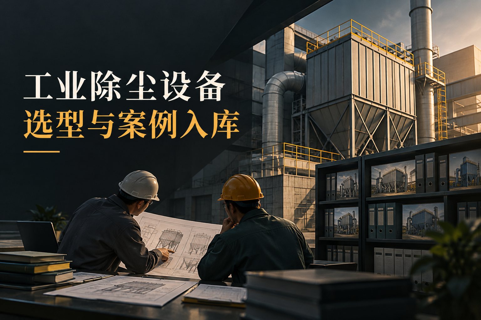 封面概念图展示采购人员对照除尘设备方案与工程记录，技术人员核对工况和原始材料，随后将审核过的案例用于知识库检索。