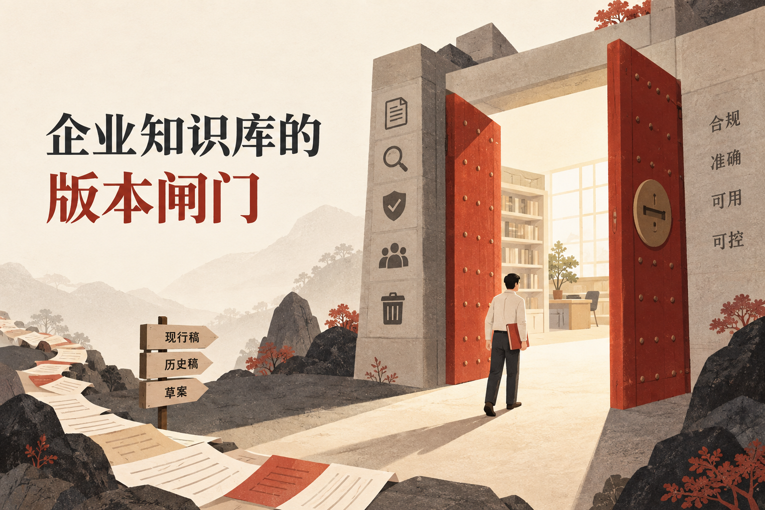 企业资料完成自动同步后，经过版本识别、业务审核、启用确认、权限检查和删除清理，才进入日常知识问答。