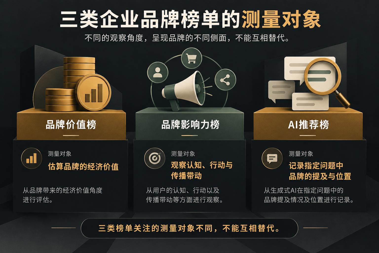 图解品牌价值榜、品牌影响力榜和AI推荐榜的不同测量对象，说明三类榜单不能互相替代。