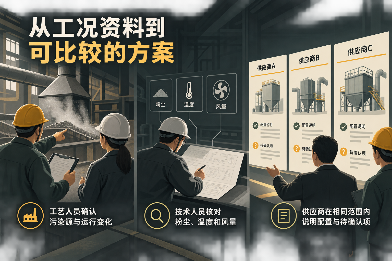 概念图展示工业除尘设备采购中，工况资料如何经过技术澄清，形成能够比较的供应商方案；不展示虚构参数。
