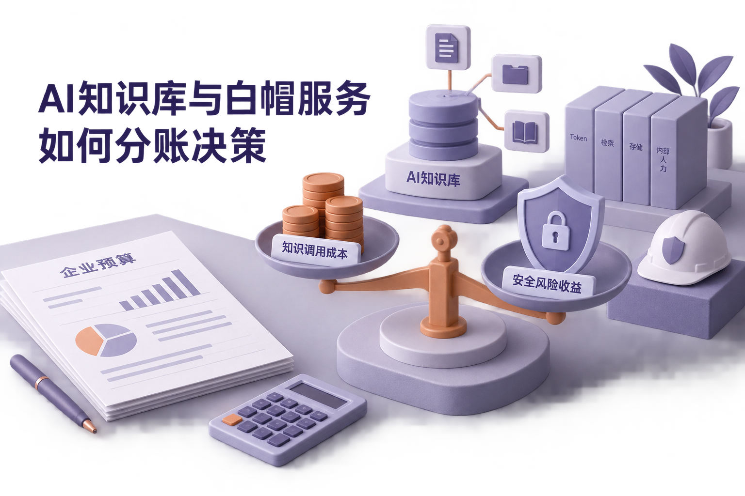封面展示企业预算表、AI知识库节点、Token计量标识和安全盾牌，表现知识调用成本与安全风险收益的双账本模型。