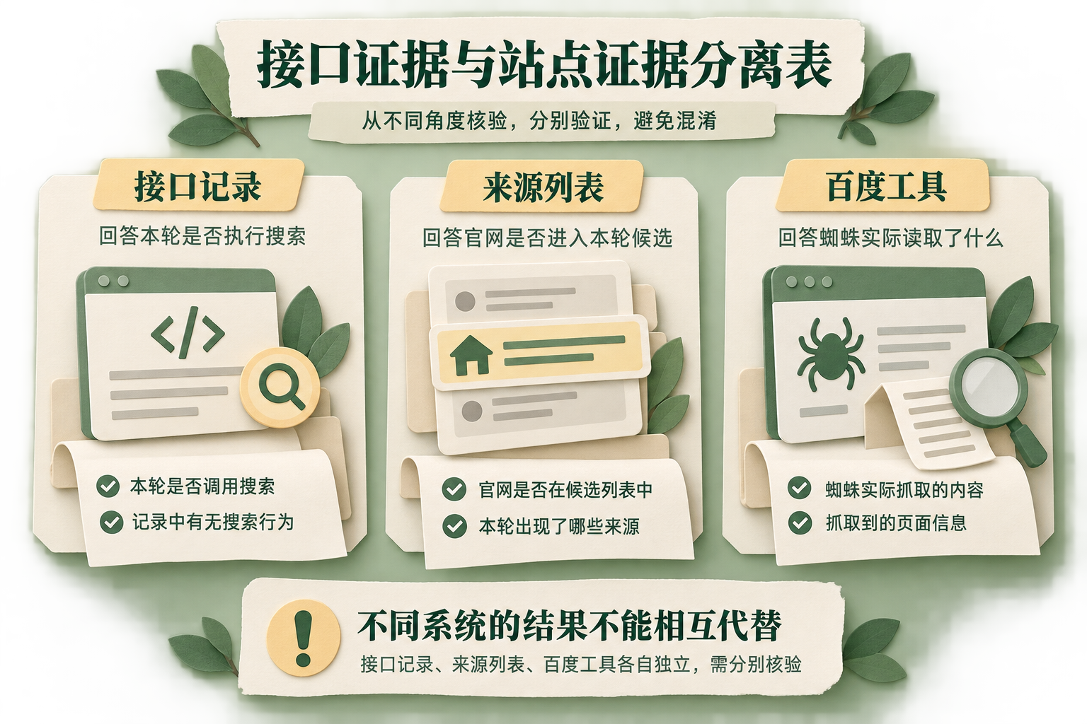 将联网搜索调用记录、来源列表和百度蜘蛛抓取结果分开核验的企业官网排查图