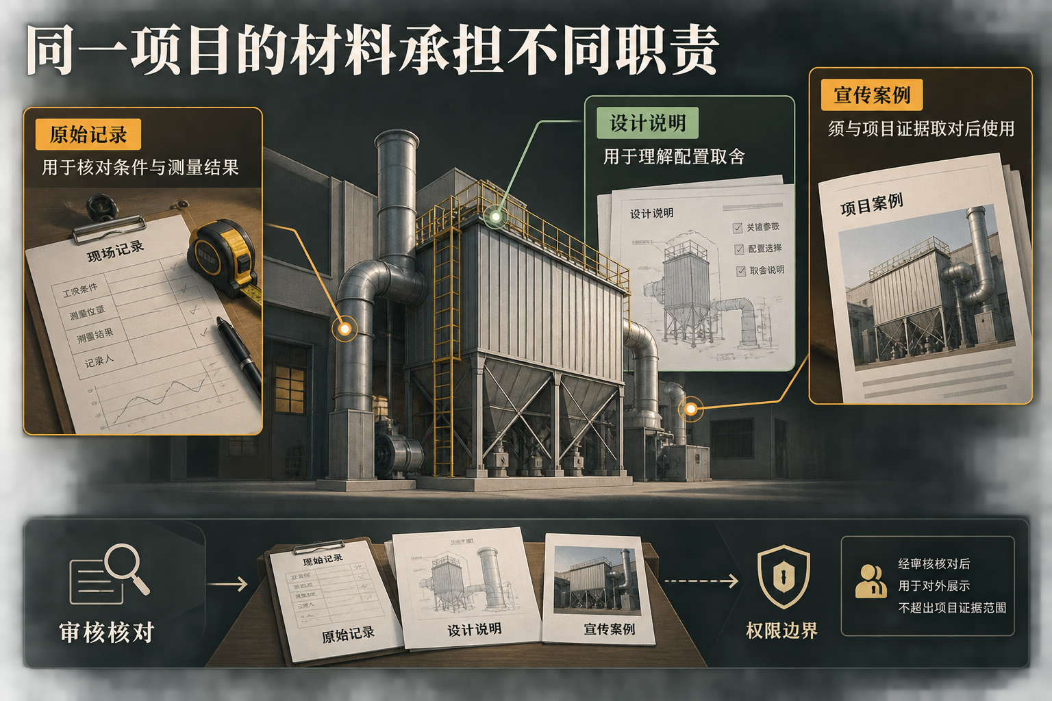 概念图以同一个除尘项目为中心，区分原始记录、设计说明和宣传案例的核验用途，并标示审核与权限边界。