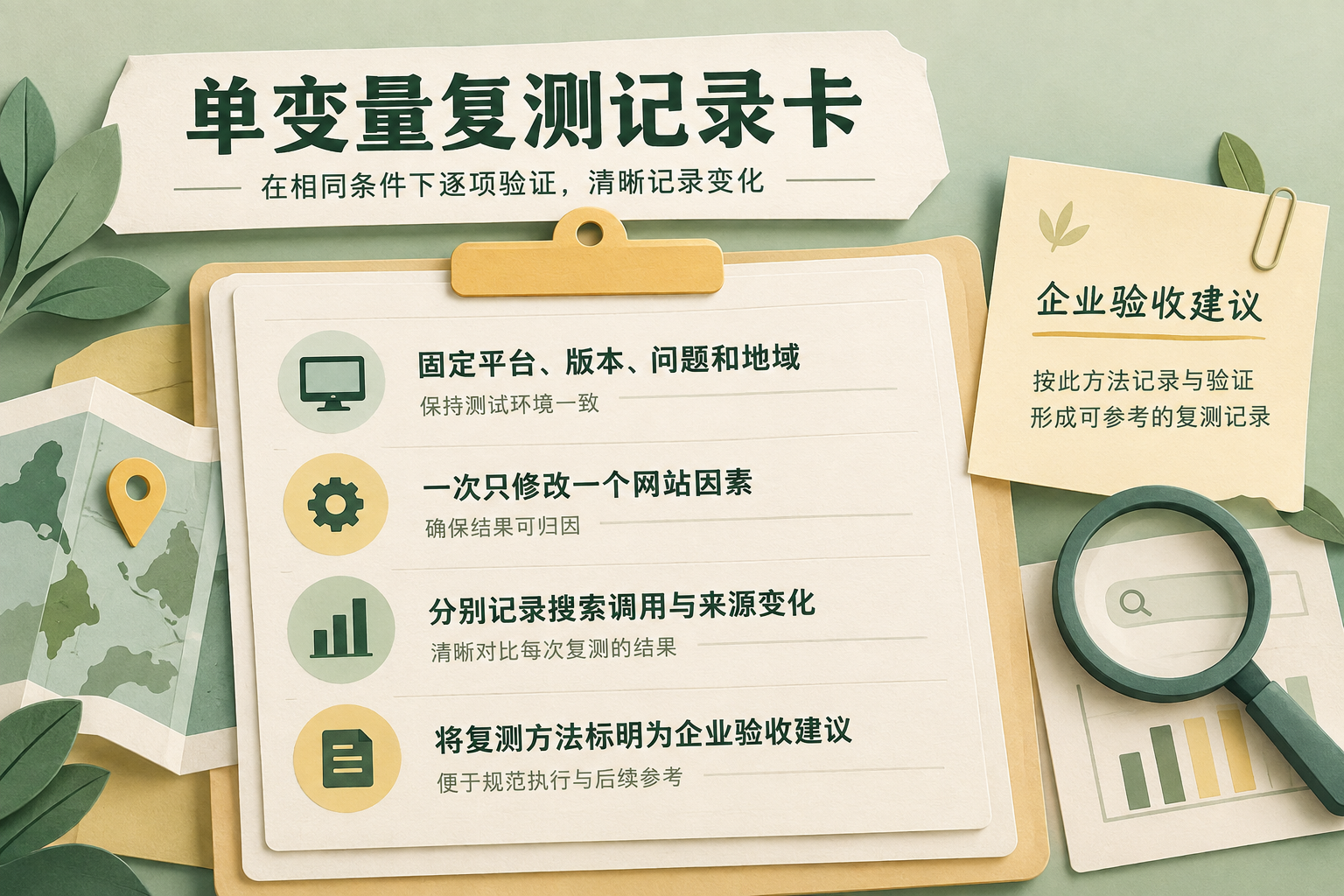 企业固定平台问题地域和时间并逐项验证搜索调用、来源与页面内容的复测记录卡