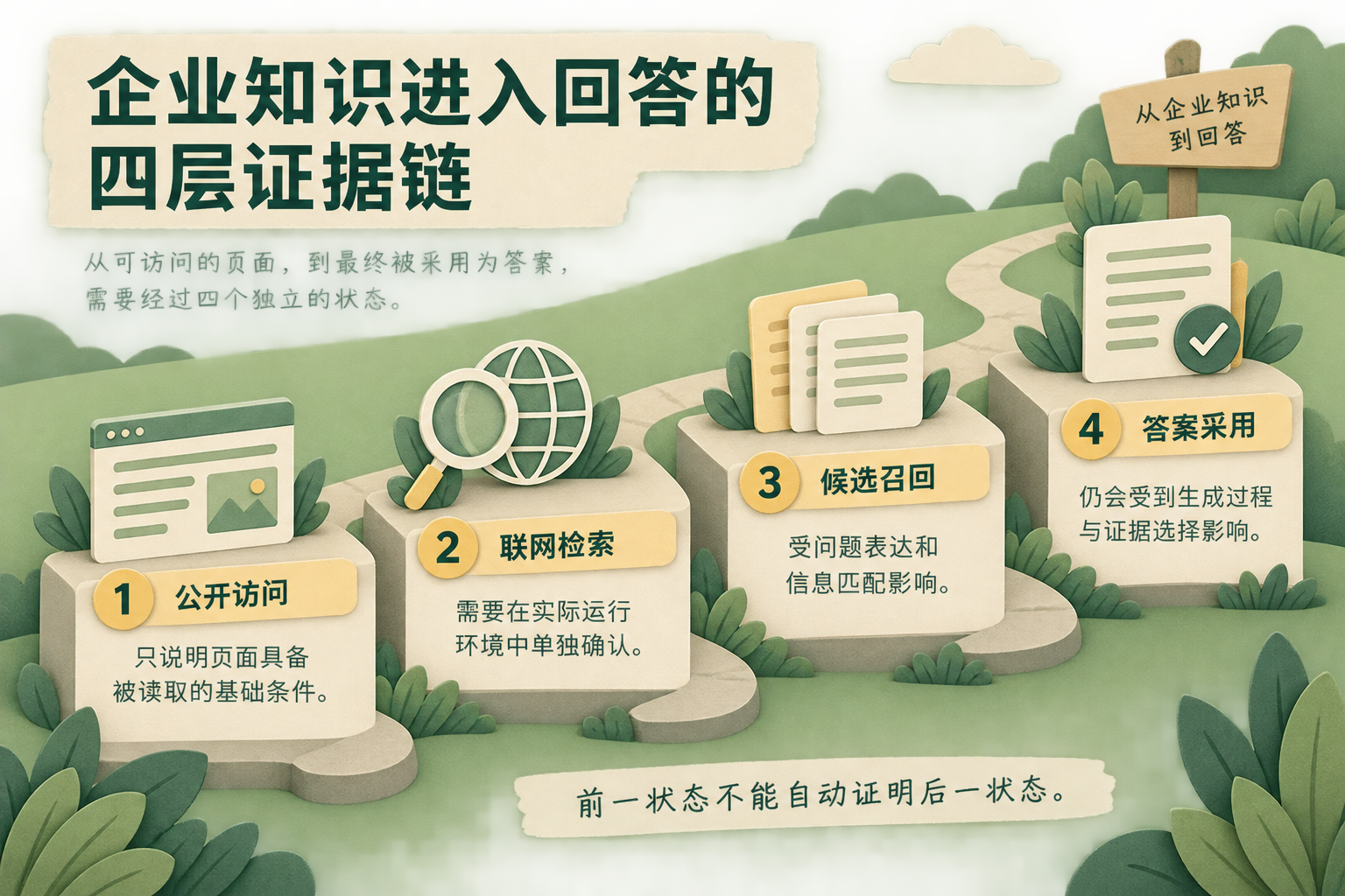 流程图展示企业官网从公开访问、联网检索、候选召回到答案采用的四个独立状态，强调前一状态不能自动证明后一状态。