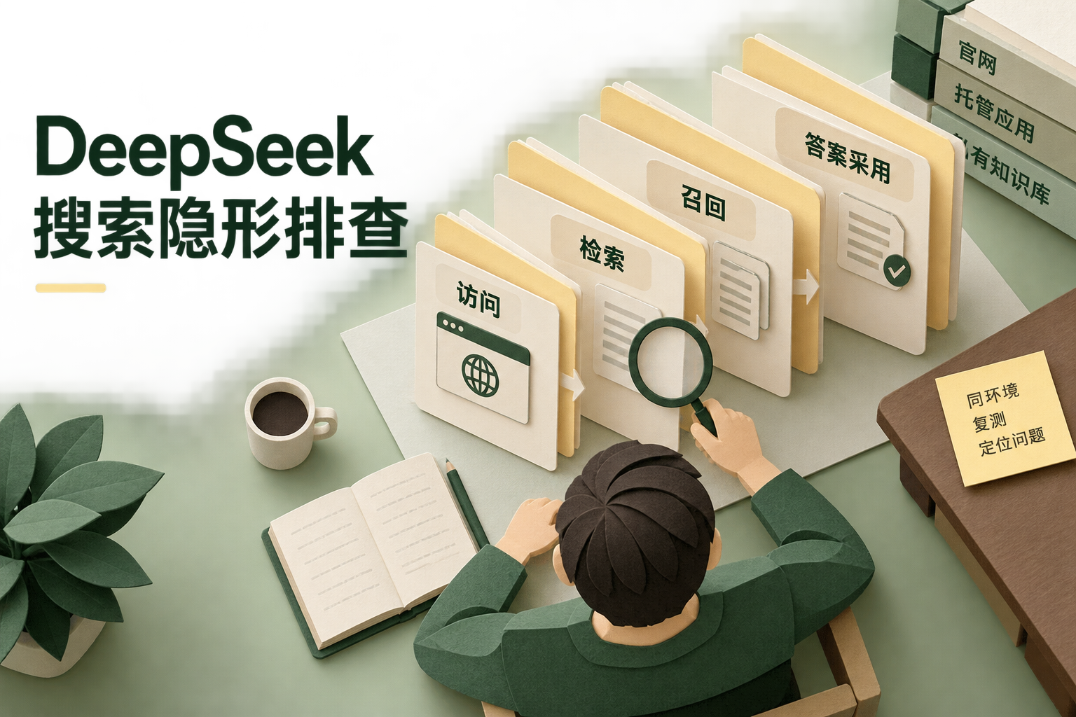 企业技术人员查看官网访问、联网检索、候选召回和答案采用四层检查面板，用于排查企业在DeepSeek搜索回答中未被展示的问题。