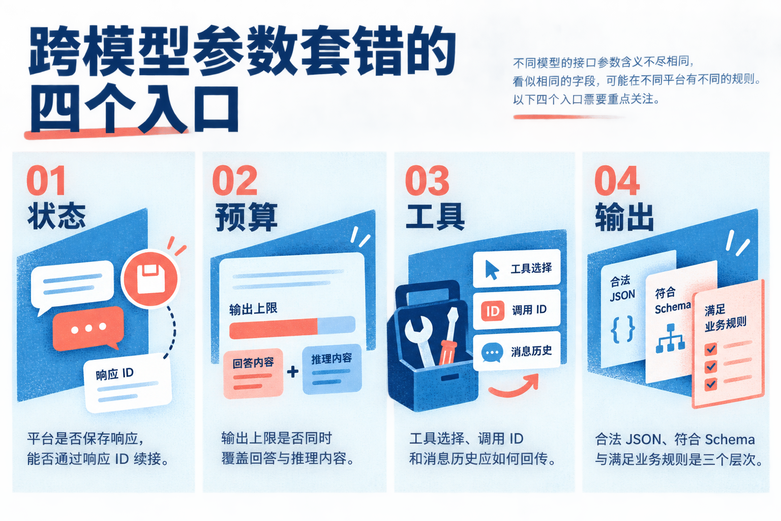 图解豆包相关火山方舟接口与 DeepSeek 接入中，会话状态、输出预算、工具调用和结构化输出四类参数歧义。