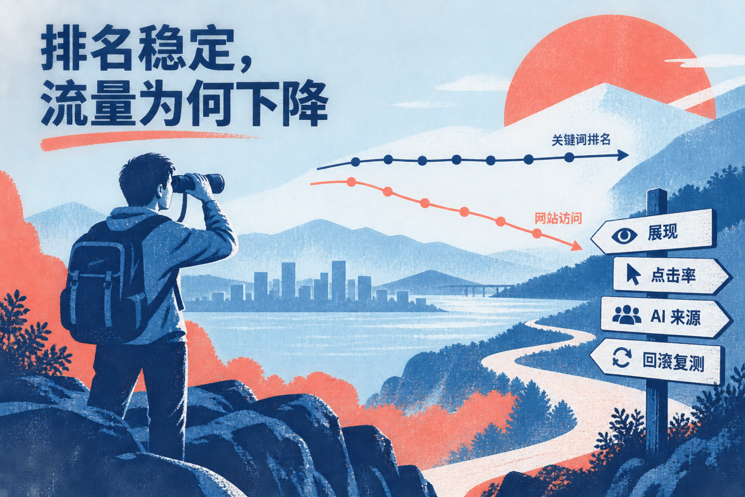 企业搜索数据诊断封面，展示稳定的关键词排名曲线与下降的网站访问曲线，并突出展现、点击率、AI来源和回滚复测四项检查。