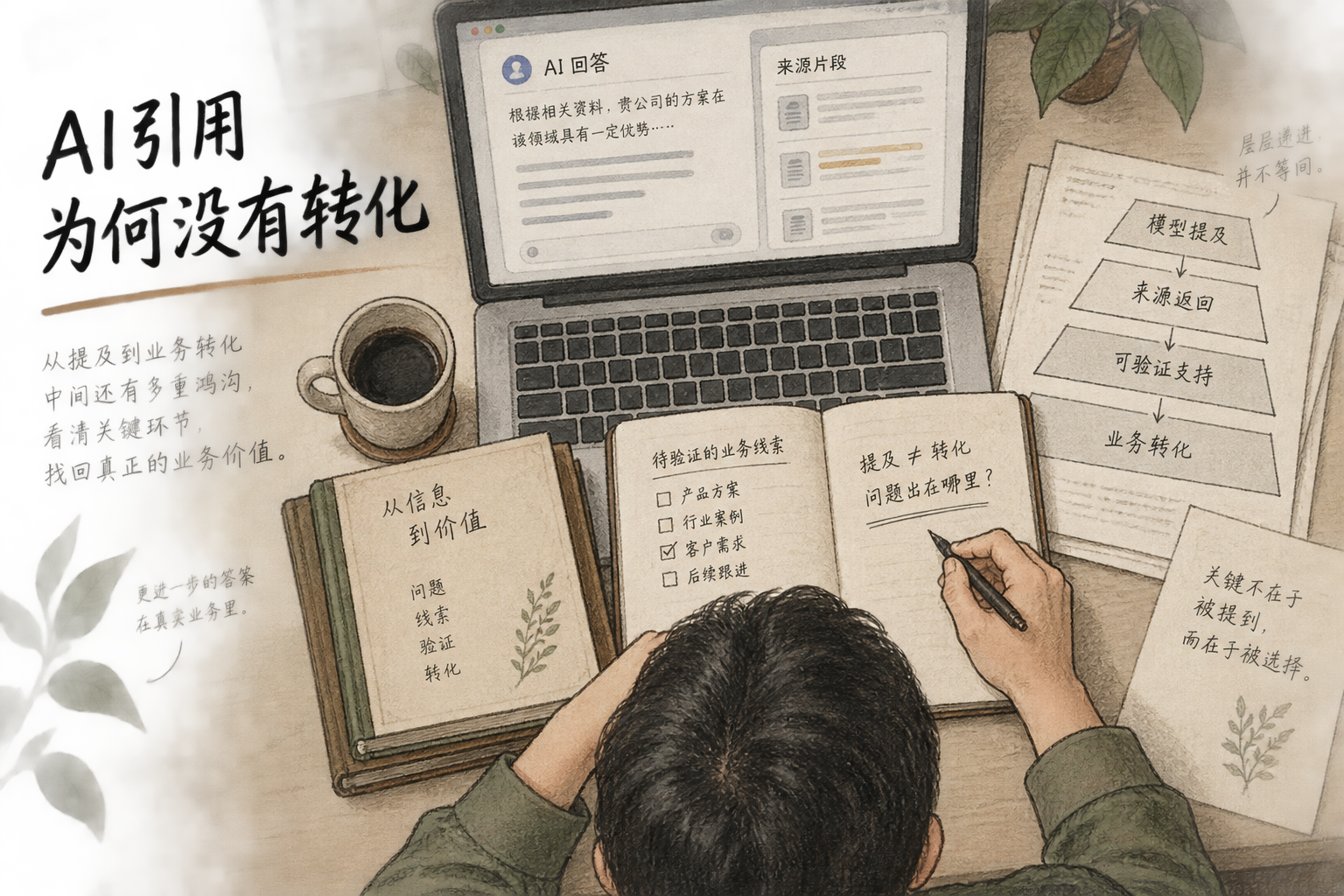 企业技术负责人查看AI回答、来源片段和业务线索记录，四层指标依次展示模型提及、来源返回、可验证支持与业务转化。