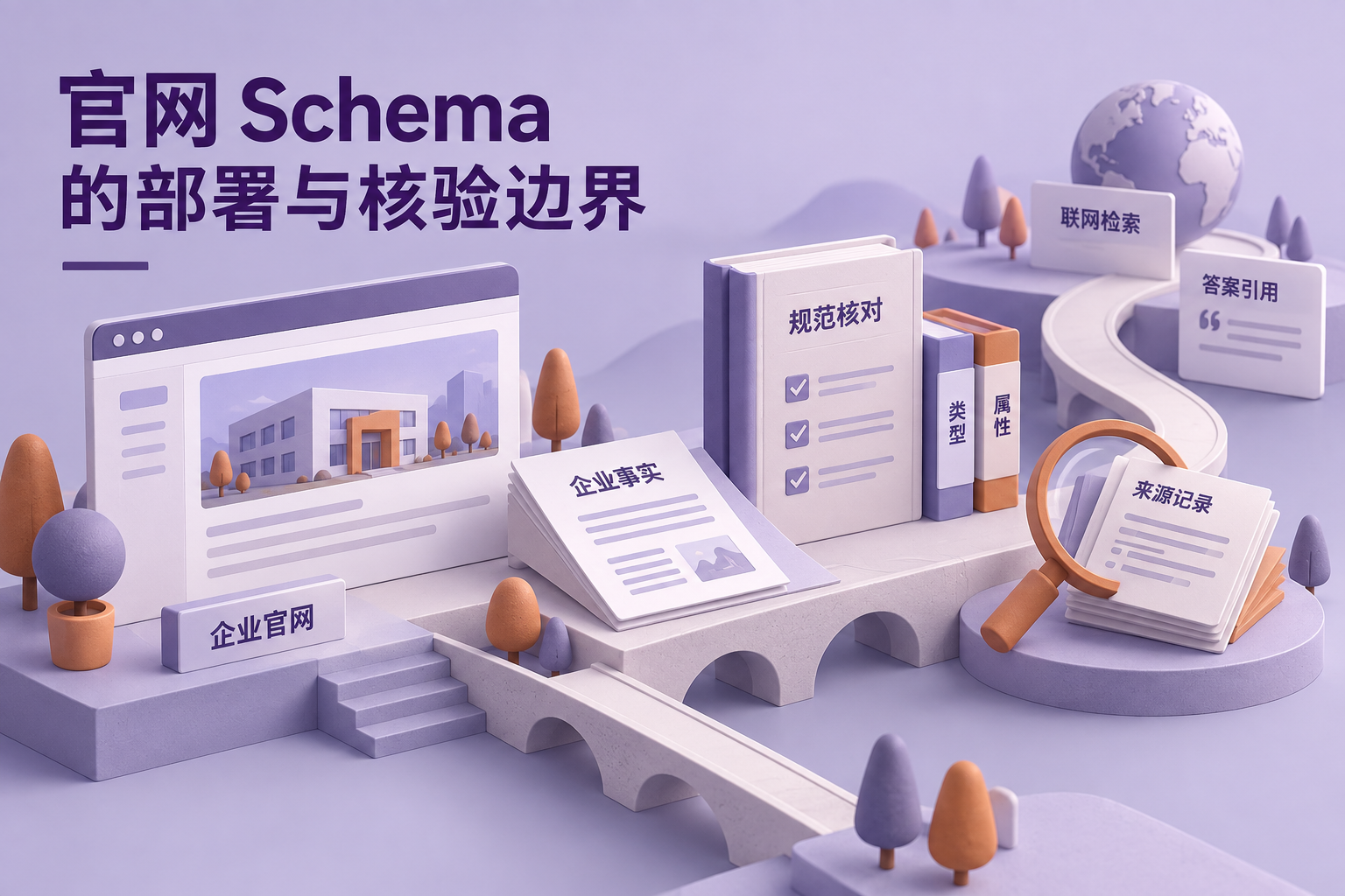 企业官网页面连接到事实映射、联网检索和答案引用三个环节，突出正文一致性、规范核对与受控复测。