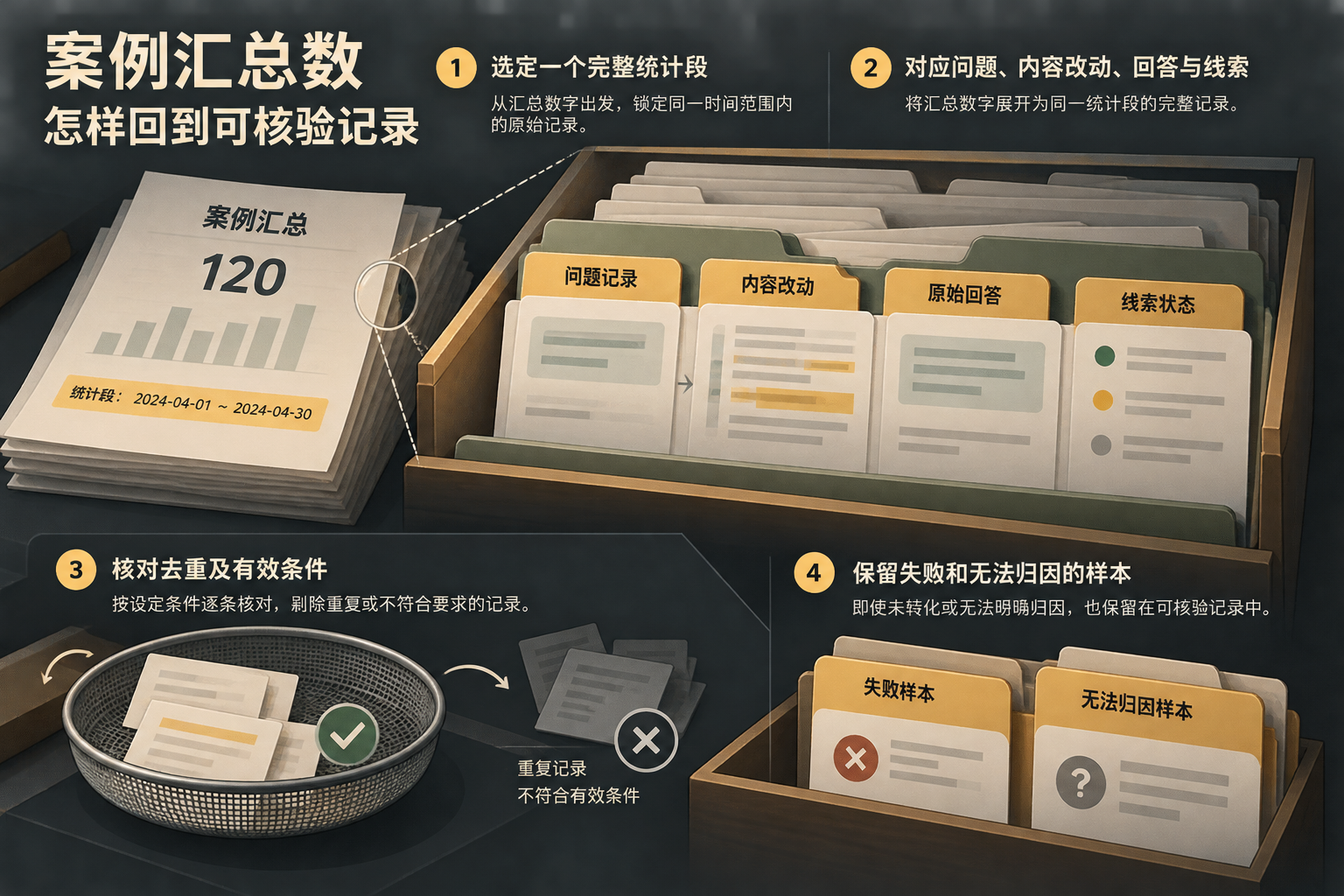 案例证据展开图，将汇总数字展开为同一统计段的问题记录、内容修改、原始回答和线索状态，标明缺失证据的位置。