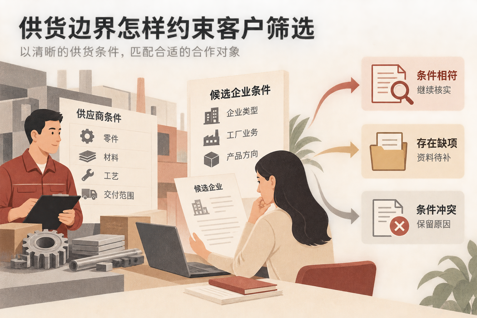 将供应商供货条件与候选企业业务对应，展示继续核实、资料待补和范围不符三种去向，不展示效果数字。