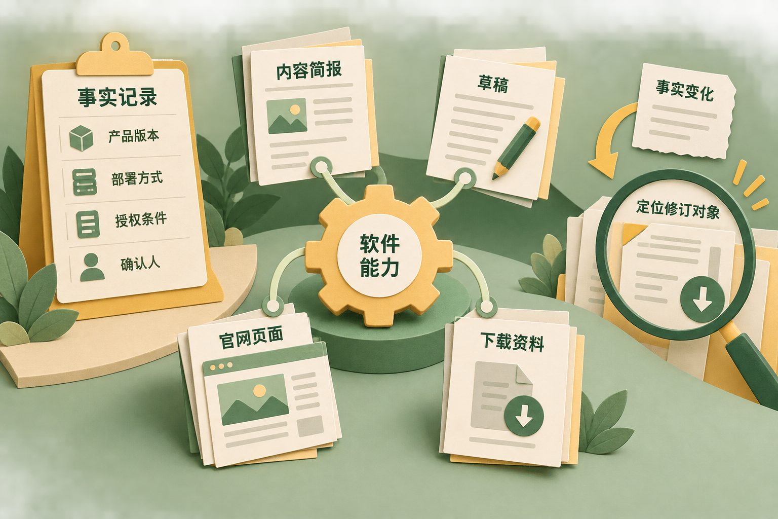 以带适用条件的软件能力为中心，连接内容简报、草稿、官网页面和下载资料，展示版本关联如何帮助定位修订范围。