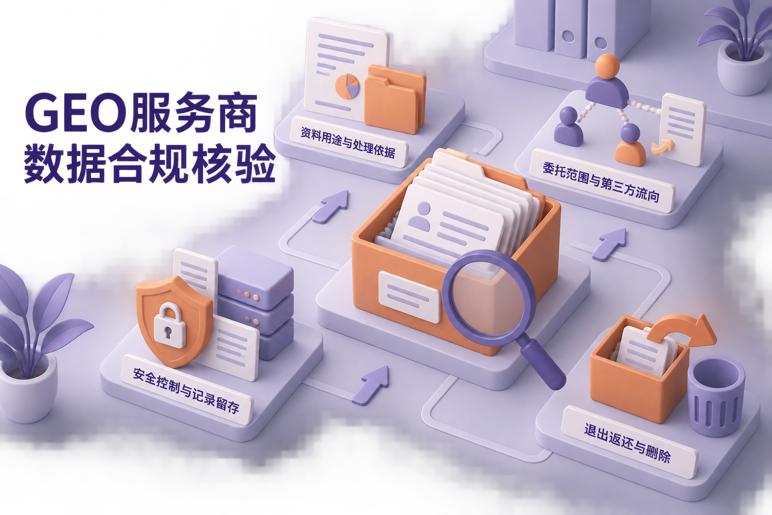 以企业资料交付包为主体，周围呈现用途、委托、流向和退出四类核验事项，表达按项目证据审查的主题，不使用认证标章。