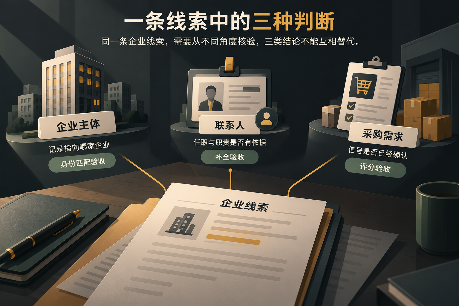 将企业线索拆成企业主体、联系人和采购需求三类核验对象，说明三类结论不能互相替代。