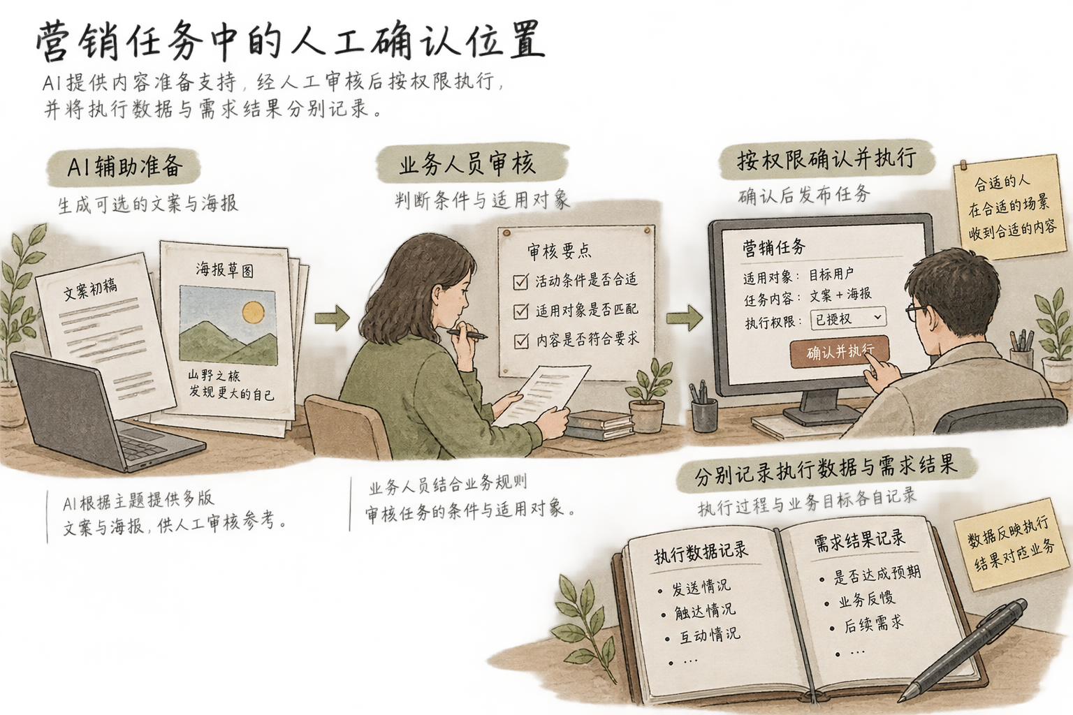 以任务卡片和审核关口展示AI辅助内容准备、人工确认及执行记录的关系，不将任务创建画成自动发送。