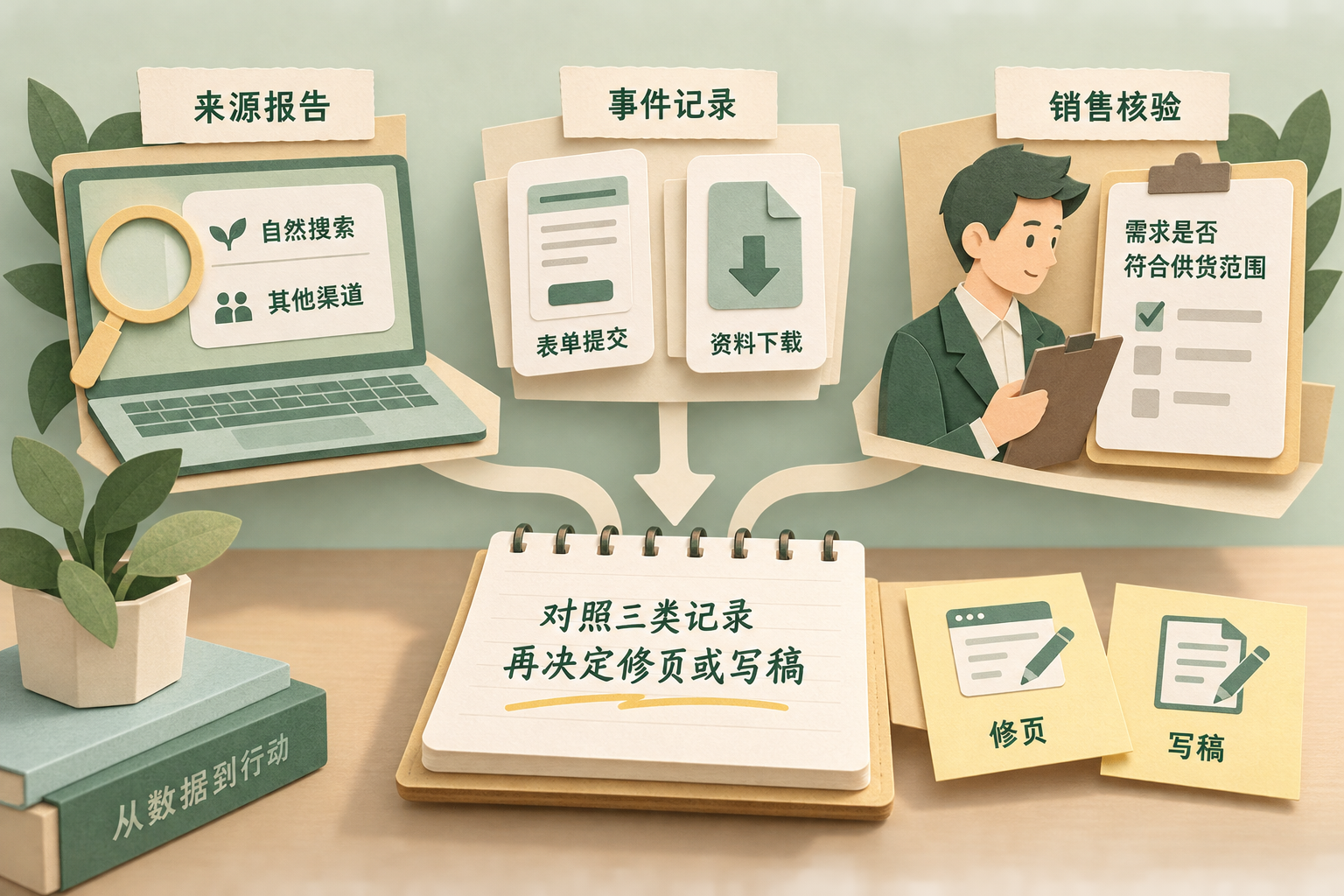分别记录访问来源、表单或下载事件，以及销售对需求适配情况的核验。