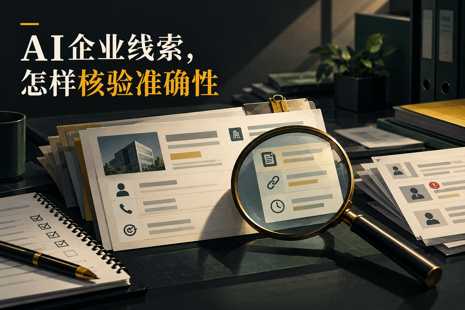 以企业线索卡片和核验记录为主体，突出字段证据、时间、冲突处理及抽样验收，不展示虚构准确率。
