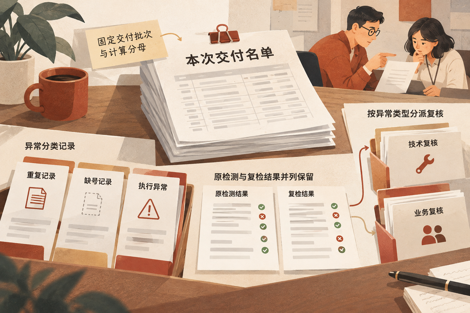 以同一批交付名单为中心，展示分母说明、状态分类和前后结果对照三类复查材料，不设置虚构比例。