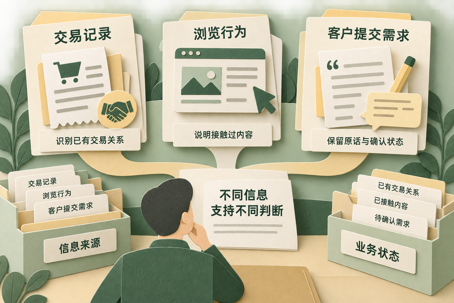 交易记录、浏览行为和客户提交需求三类信息卡片，分别说明可支持的判断，不将浏览行为直接连接到采购结论。