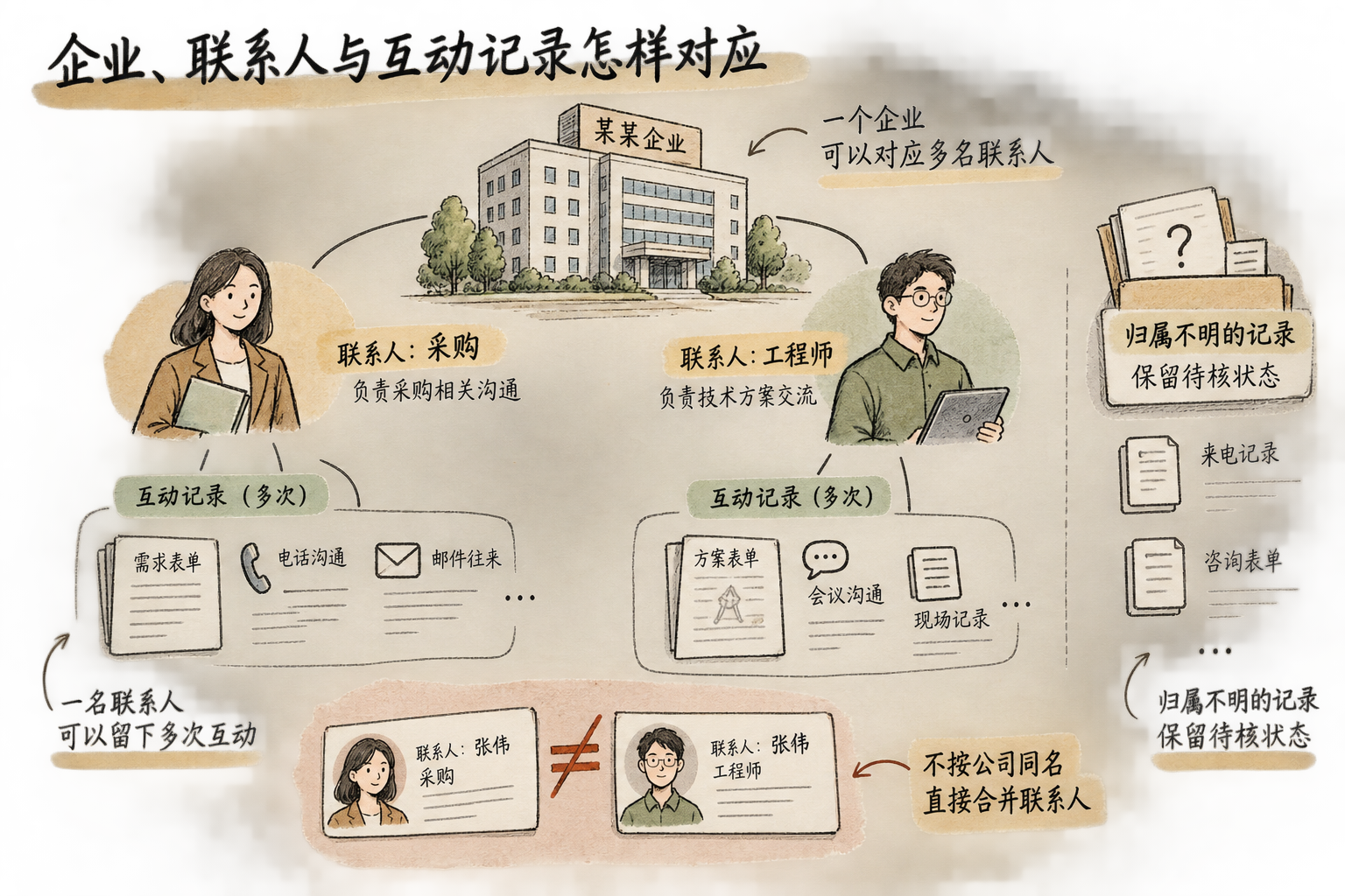 概念关系图：企业节点下连接采购与工程师两名联系人，各自关联表单和活动记录，身份不明记录单独放置。
