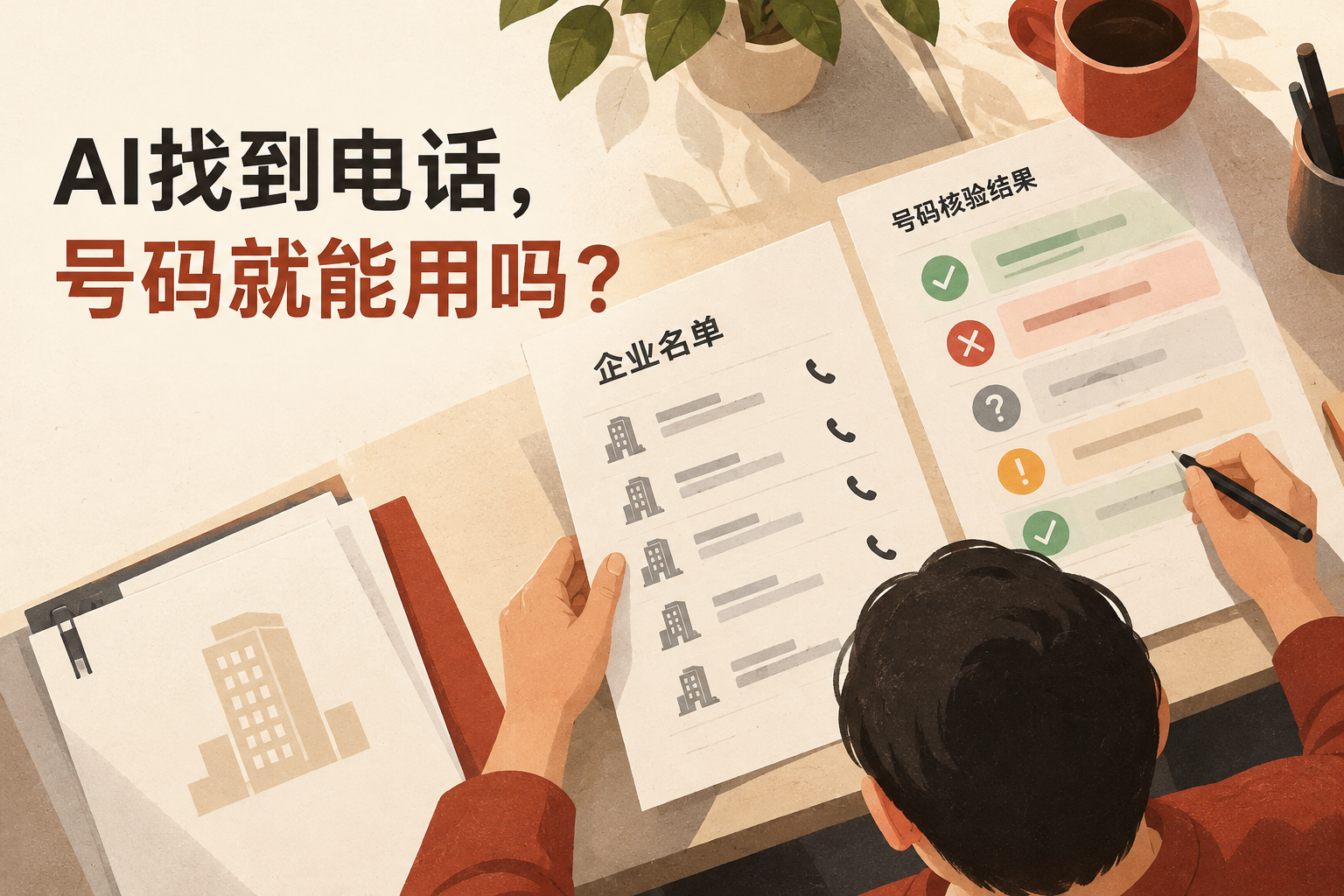 封面以企业名单和号码状态卡片对照，突出找到电话号码与完成号码核验之间的差别，不展示真实联系方式或虚构数据。