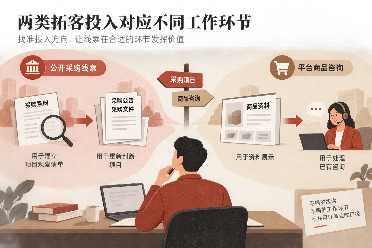 左右两条业务路径示意：公开采购线索从意向观察走向公告核对，平台商品咨询从资料展示走向人工接手；两条路径不共用订单验收口径。