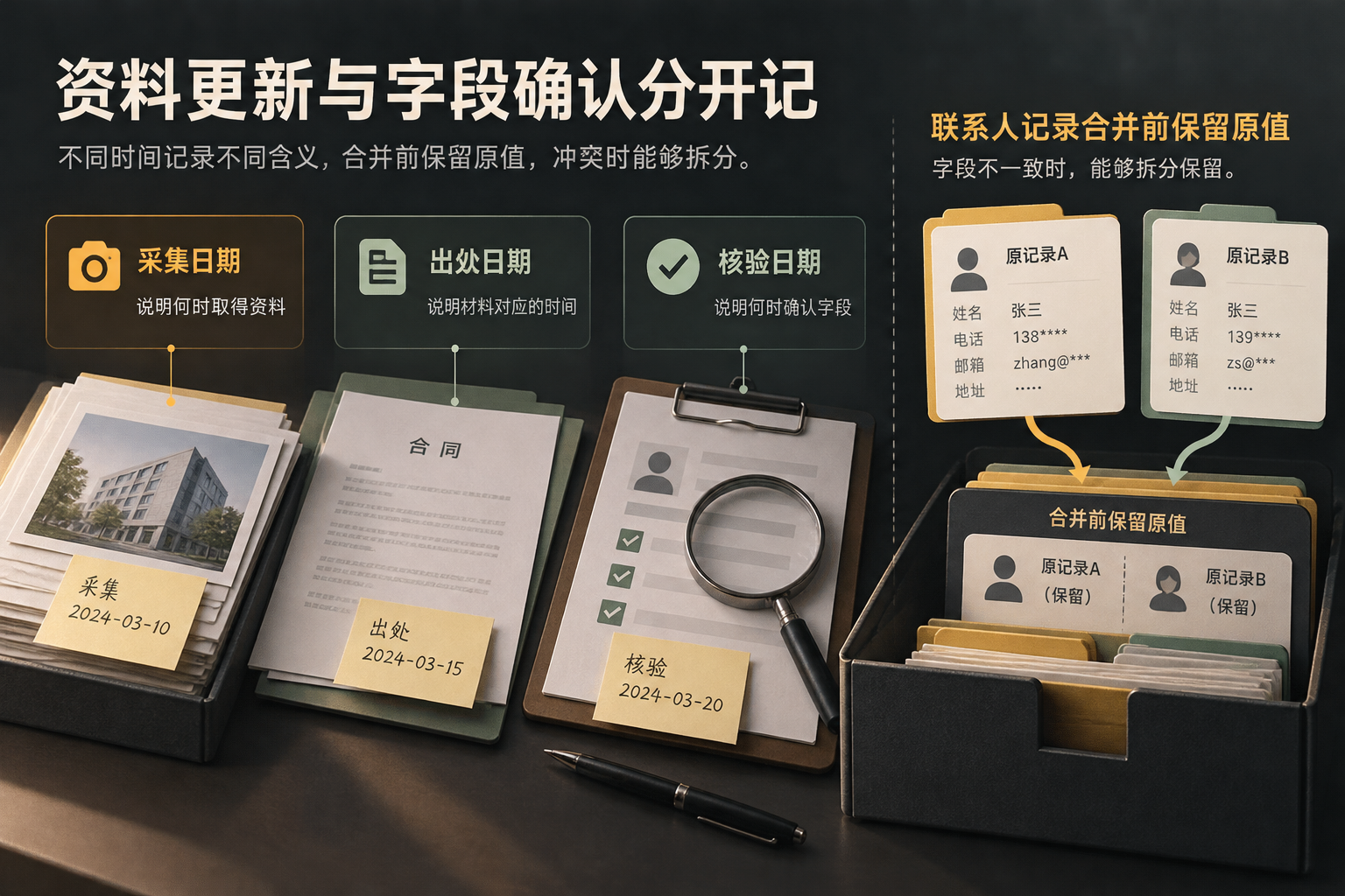 以并列时间卡片区分资料采集、来源时间和字段核验，并展示联系人记录合并前保留原值的要求。