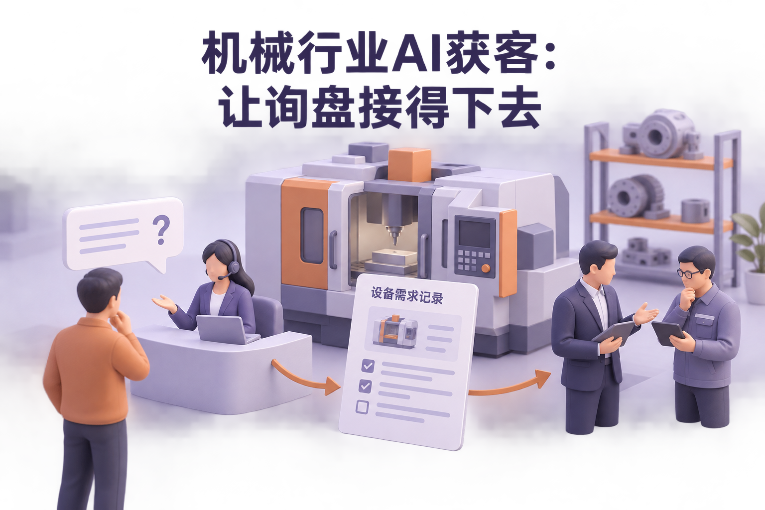 机械设备官网售前接待概念图，以设备需求为中心连接买方、智能接待、销售和技术人员，突出需求澄清与人工交接，不表现自动获取采购联系人或订单保证。