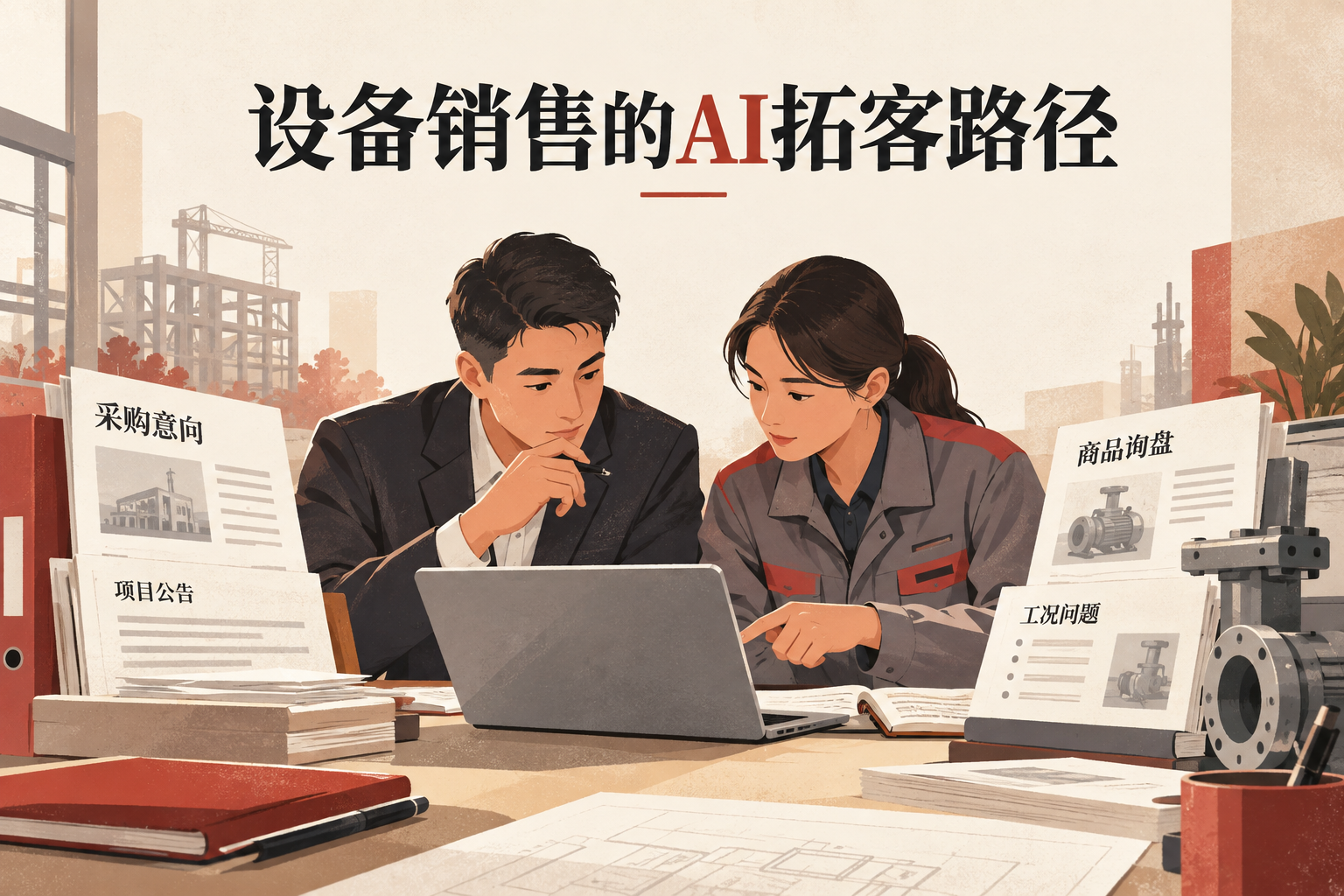 企业设备销售团队在工作台前分辨两类线索：一侧是采购意向与公告记录，另一侧是带工况问题的商品询盘，中间由销售和技术人员共同核对。