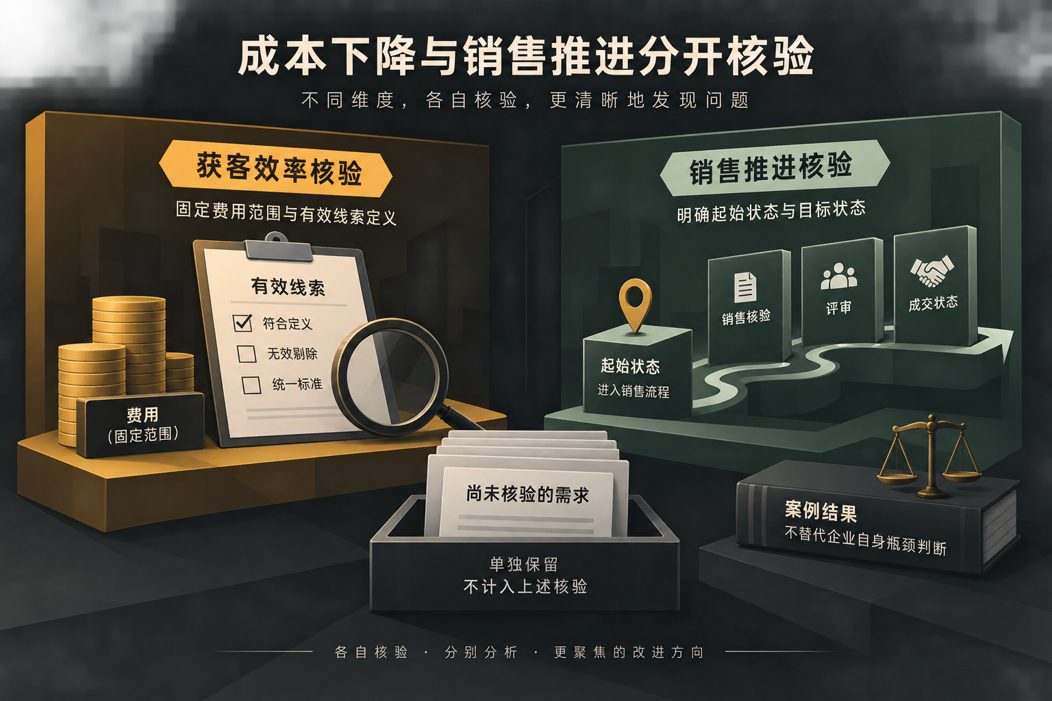 两条并列核验路径，一条检查费用与有效线索数量，另一条检查销售核验、评审和成交状态，不展示未经核验的转化率。