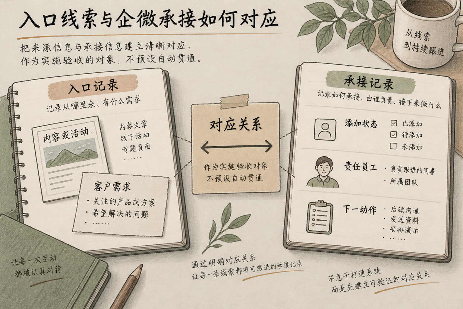 两组记录并列展示，通过待验证的对应关系连接，说明来源信息与企微承接信息各自承担的职责。
