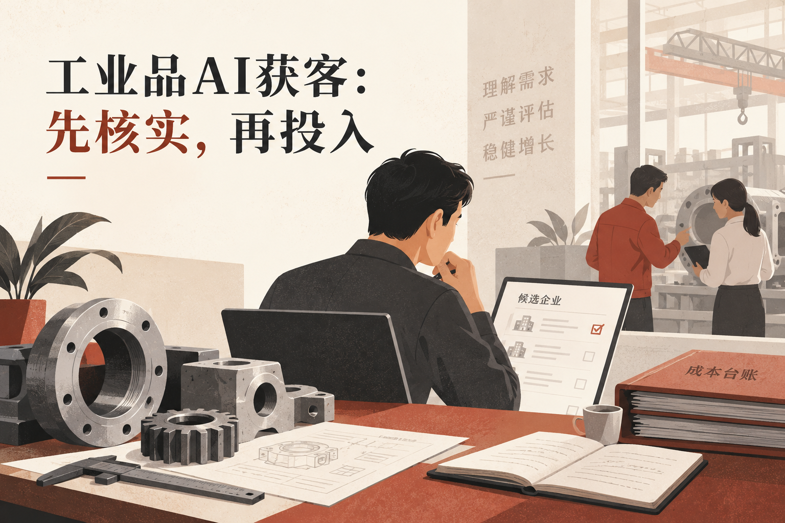 封面以工业零件、候选企业记录和成本台账构成视觉主体，表达通过需求核实和完整投入判断AI拓客价值，不展示成本降幅。