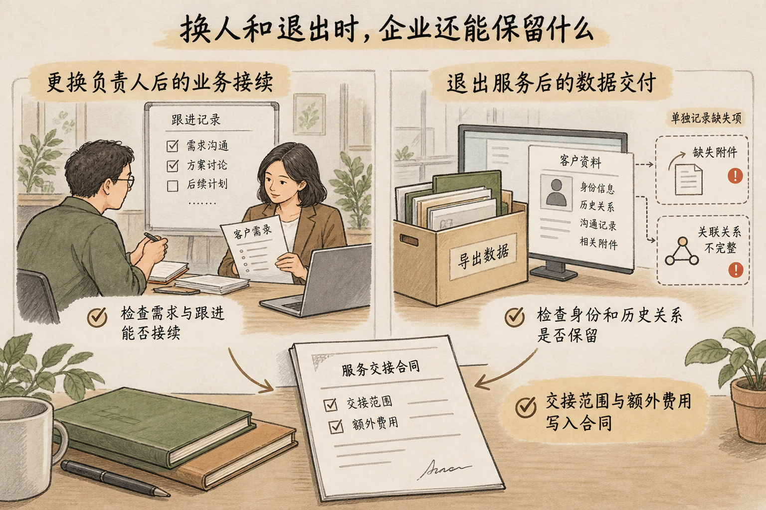 双情境核验图：一侧展示负责人变更后的业务接续，另一侧展示退出服务后的数据交付，分别标记待检查的记录。
