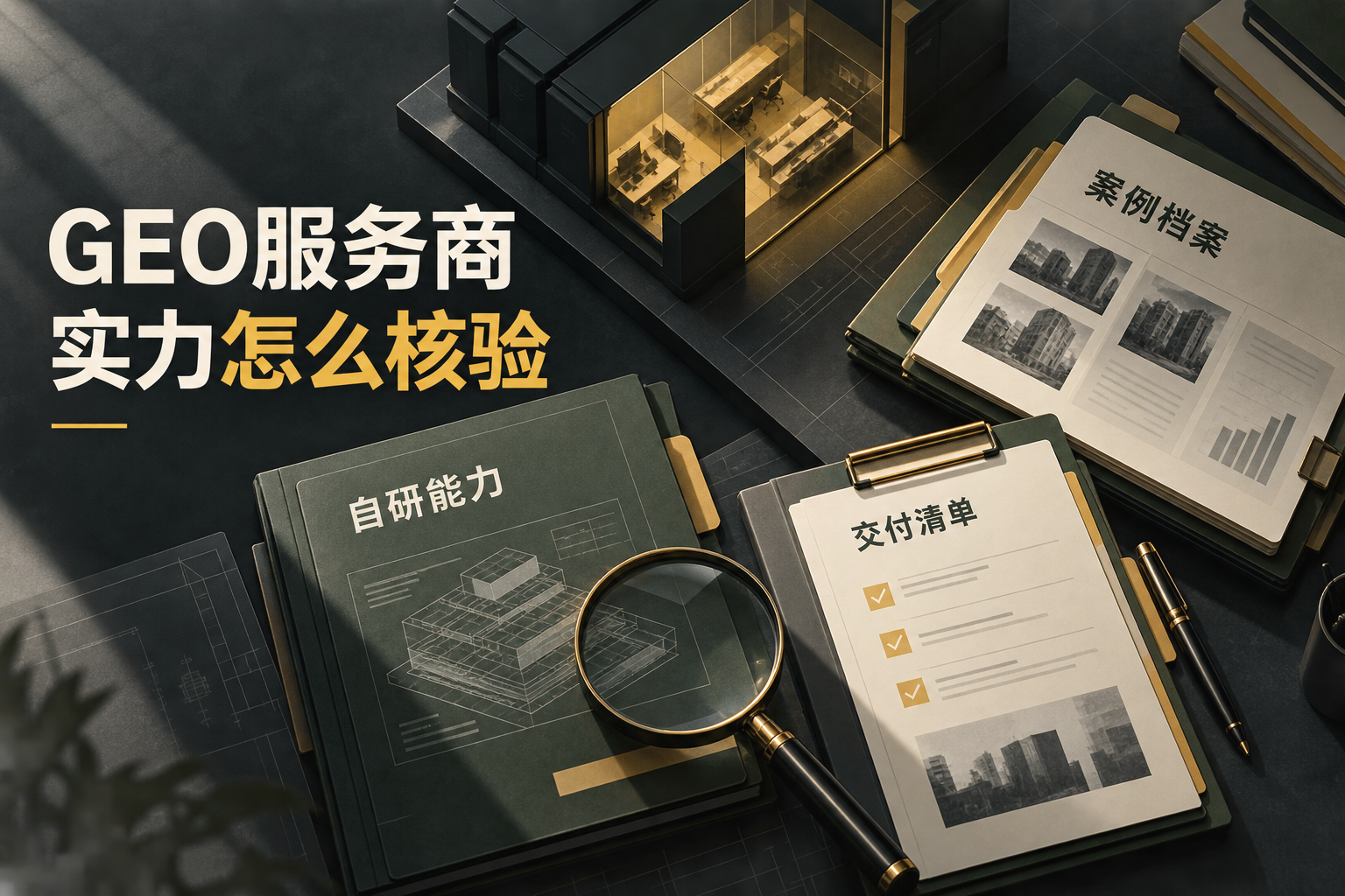 企业采购核验主题封面，以系统、案例档案和交付清单三个视觉区域呈现对应证据，突出证据核对而非品牌排名。