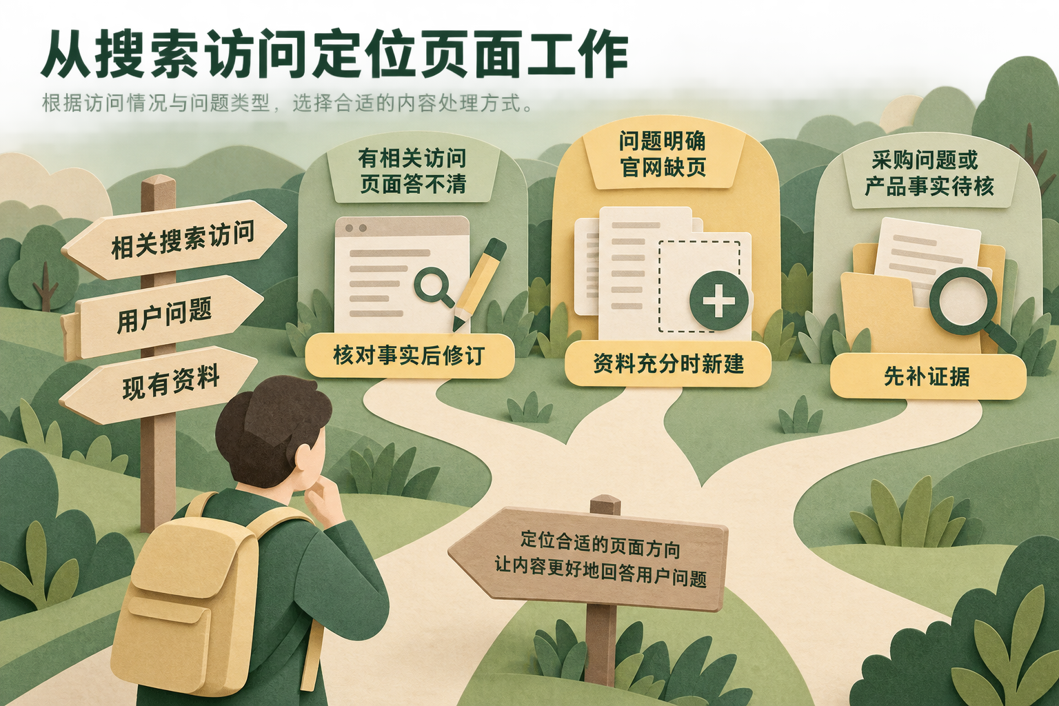 按相关搜索访问、采购问题和现有资料的情况，区分修订页面、新建内容与暂缓发布。