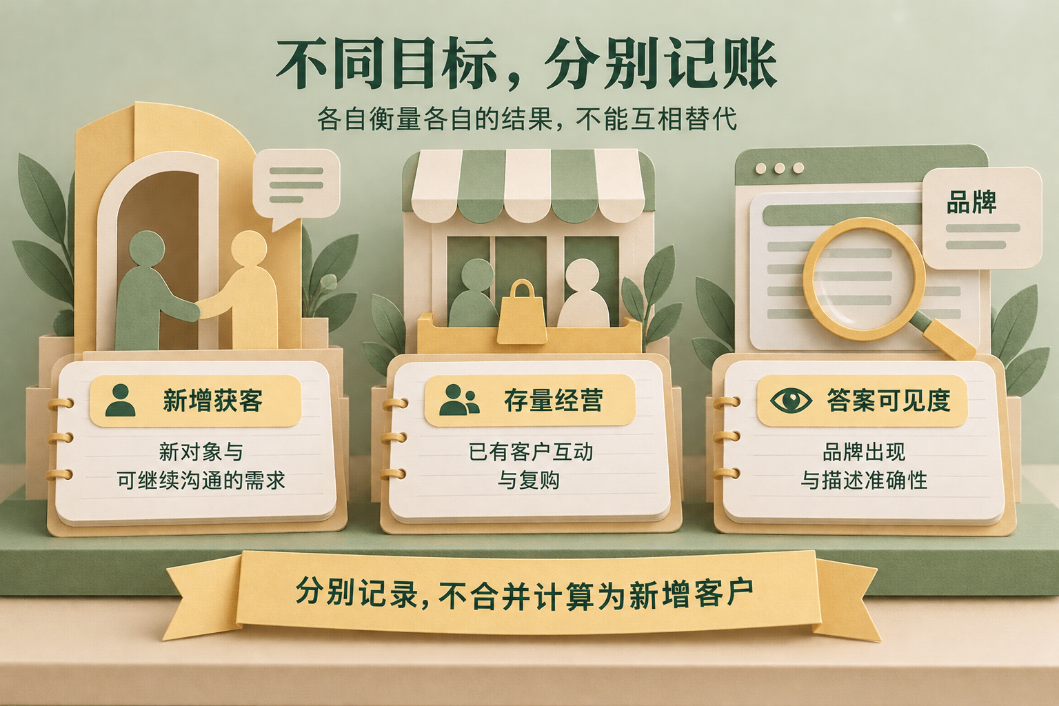 三组并列业务记录对应新增获客、存量经营和AI答案可见度，强调各自的结果口径不能互相替代。