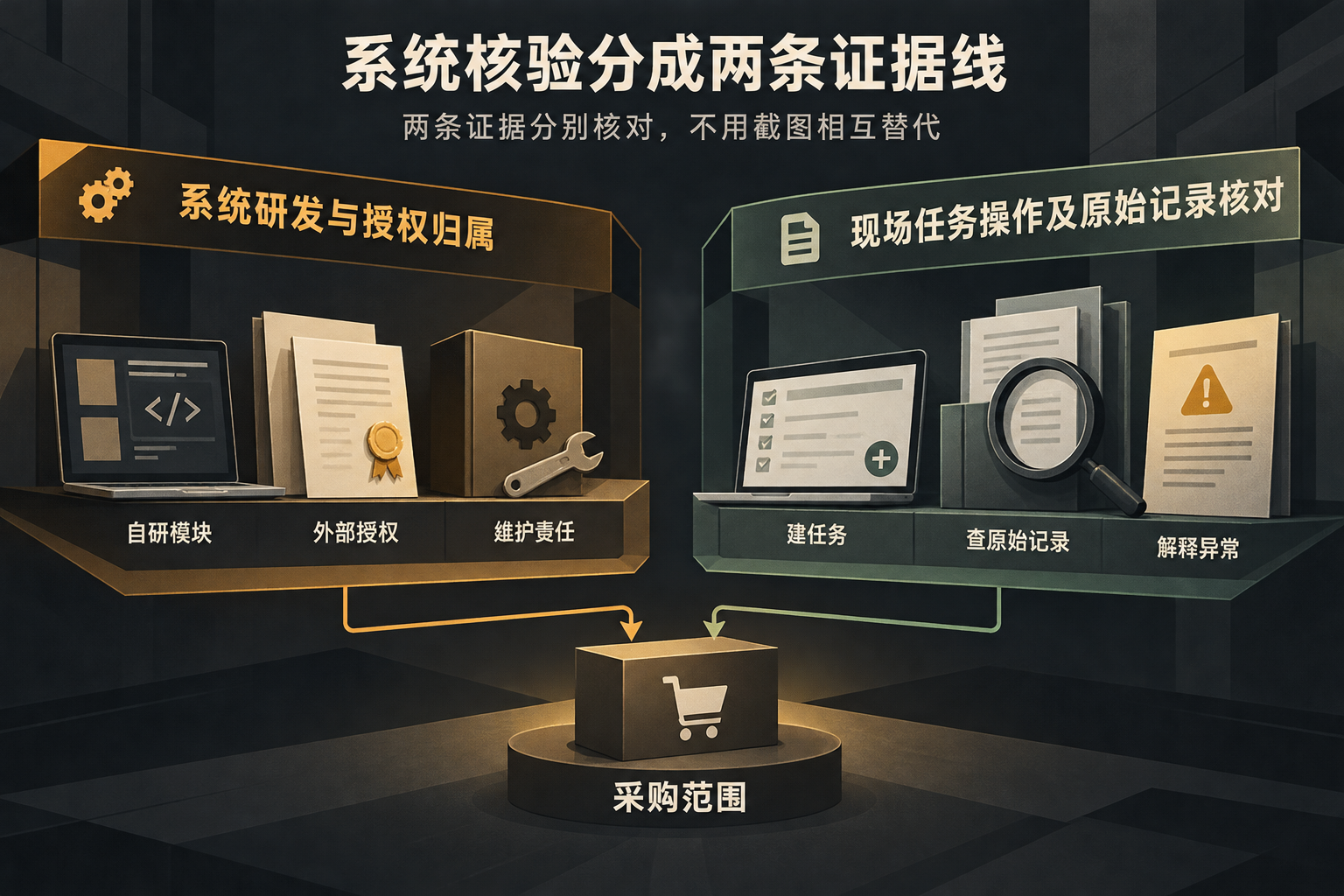 双栏概念图，左侧展示系统研发与授权归属，右侧展示现场任务操作及原始记录核对，两栏共同连接采购范围。
