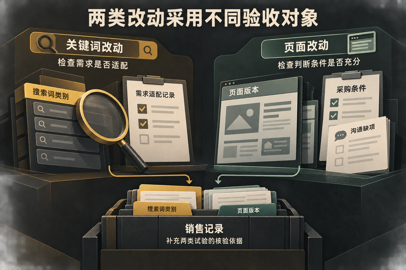 并列呈现关键词试验与页面试验，前者连接需求适配记录，后者连接采购条件与沟通缺项，不将两项结果合并。