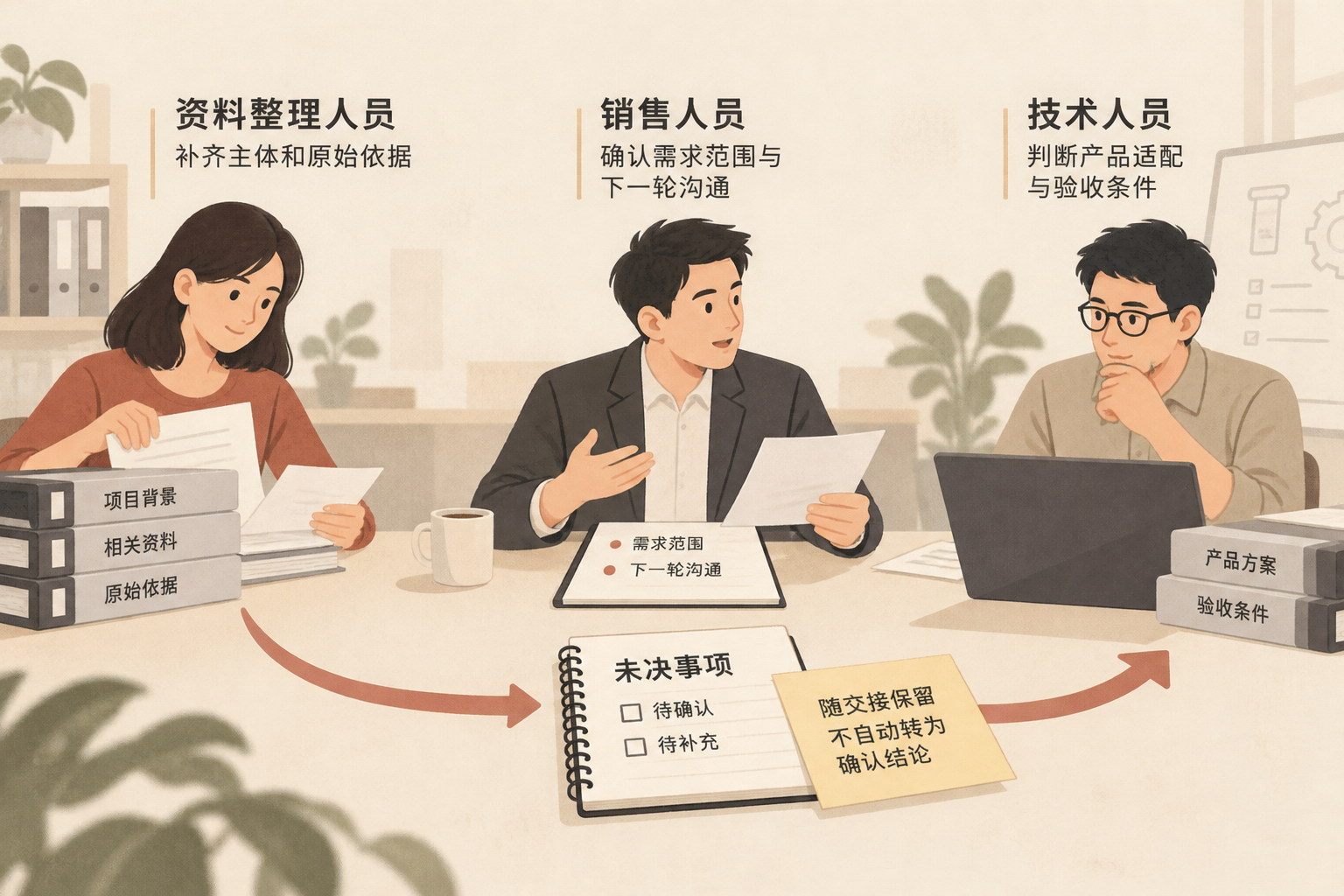 展示资料整理、销售确认和技术评审的责任边界，未决问题随记录流转，不被摘要自动改写为已确认需求。