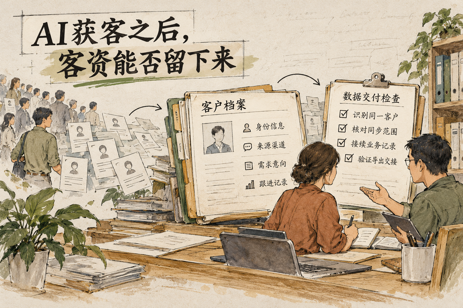 封面概念图：获客线索进入企业客户档案，档案由身份、来源、需求和跟进记录组成，旁侧设置人员交接与数据交付检查项。