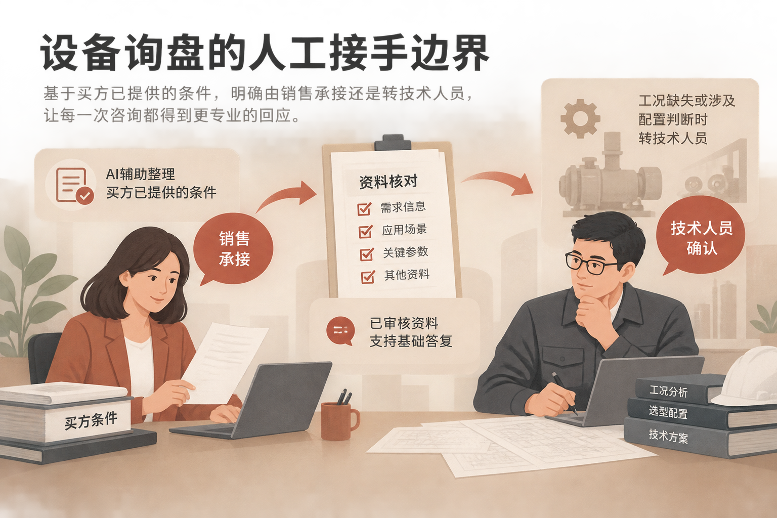 一张设备咨询分流概念图：询盘条件进入资料核对，基础信息由销售承接，工况适用性和配置问题交技术人员确认。