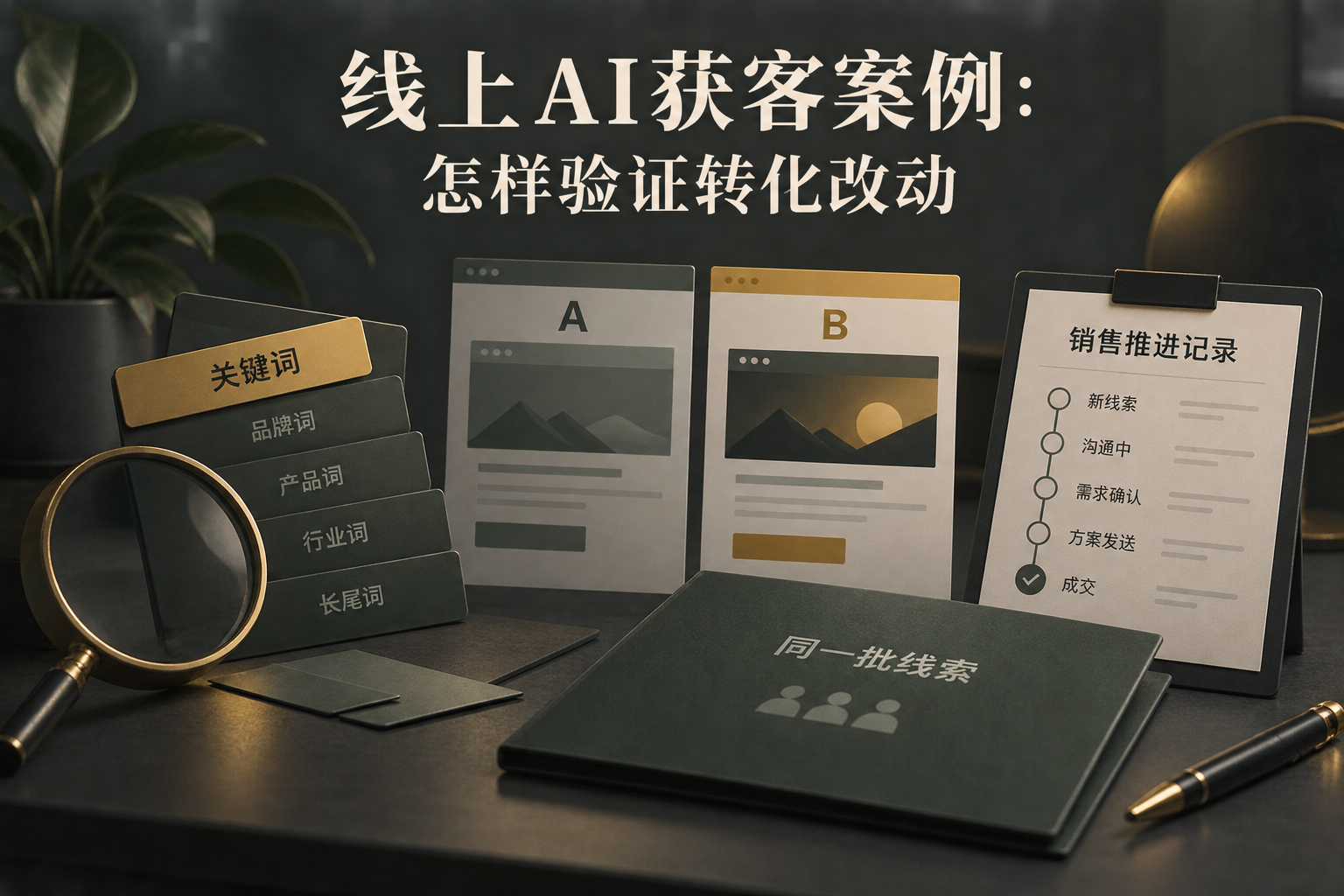 以案例结果卡片、关键词与页面对照试验、销售状态记录构成封面，强调成本与转化分别核验，不展示收益承诺。