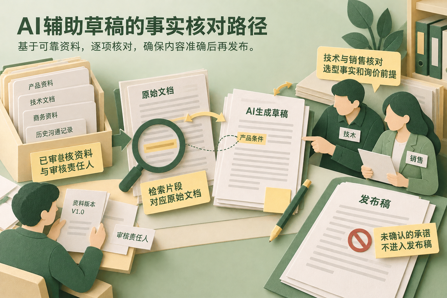 已审核资料进入起草环节，草稿中的产品条件返回原件核对，再由业务责任人审核。